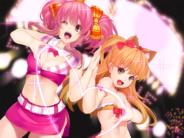 Anime picture 1200x900 with idolmaster idolmaster cinderella girls jougasaki mika jougasaki rika yuuji (yukimimi) long hair open mouth light erotic blonde hair twintails multiple girls green eyes animal ears yellow eyes pink hair one eye closed wink cat ears two side up girl