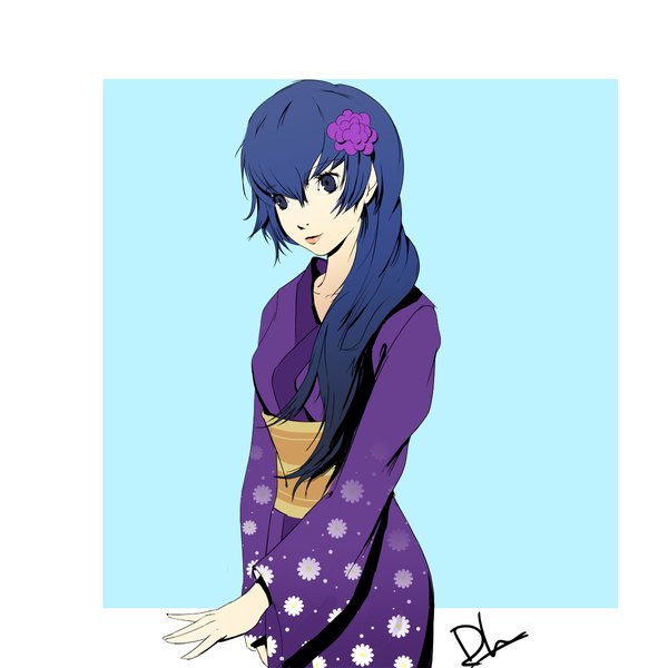 Anime picture 1200x1200 with persona 4 persona shirogane naoto dh (brink of memories) single long hair blue eyes signed blue hair looking away traditional clothes japanese clothes hair flower girl hair ornament flower (flowers) kimono