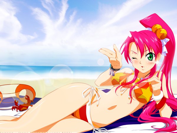 Anime picture 2048x1536 with basquash! satelight rouge single long hair blush highres light erotic hair between eyes green eyes pink hair sky cloud (clouds) ponytail one eye closed wink wallpaper beach reclining star print