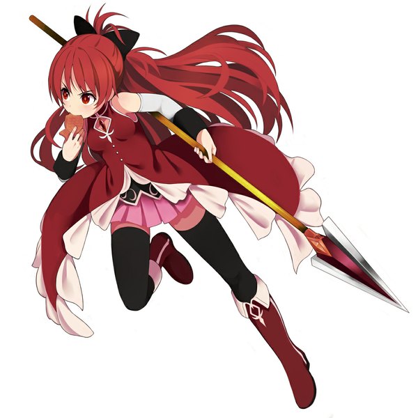 Anime picture 1125x1125 with mahou shoujo madoka magica shaft (studio) sakura kyouko nnyu single long hair simple background red eyes white background ponytail red hair girl thighhighs weapon black thighhighs detached sleeves boots