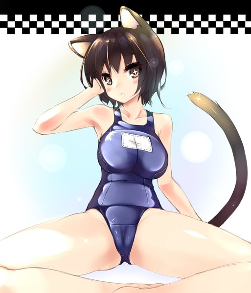 Anime picture 1839x2151 with original huatu jiang single tall image blush highres short hair breasts light erotic black hair large breasts animal ears tail animal tail black eyes cat ears cat girl cat tail cameltoe girl