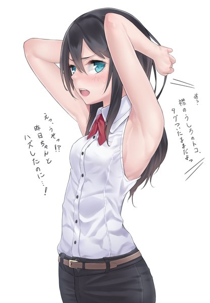 Anime picture 693x1000 with original ray-akila single long hair tall image blush open mouth blue eyes black hair standing inscription armpit (armpits) embarrassed adjusting hair arms behind head girl belt
