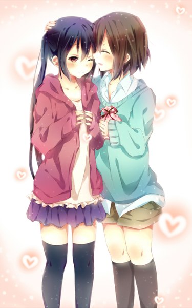 Anime picture 1000x1600 with k-on! kyoto animation hirasawa yui nakano azusa saya (ccmkk54) long hair tall image blush short hair black hair red eyes brown hair multiple girls eyes closed one eye closed wink shoujo ai valentine girl thighhighs