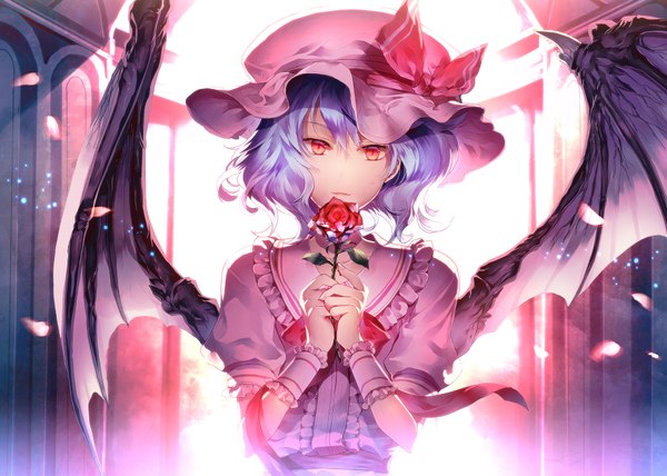 Anime picture 1960x1400 with touhou remilia scarlet sunakumo single looking at viewer highres short hair red eyes blue hair girl dress flower (flowers) bow wings frills bonnet