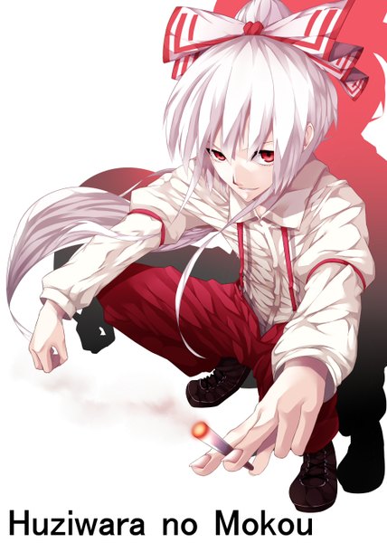 Anime picture 2000x2800 with touhou fujiwara no mokou uu uu zan single long hair tall image looking at viewer fringe highres open mouth simple background red eyes white background white hair ponytail inscription shadow character names smoke squat