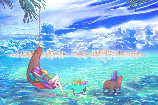 Anime picture 1200x798 with original caring single long hair breasts brown hair cloud (clouds) barefoot bare legs legs city summer girl plant (plants) animal tree (trees) water shorts sea book (books)