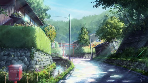 Anime picture 1280x720 with original niko p wide image sky cloud (clouds) sunlight no people sunbeam street plant (plants) tree (trees) leaf (leaves) building (buildings) grass fence torii house japanese house