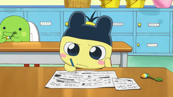 Anime picture 1777x1000 with tamagotchi mametchi kuchipatchi debatchi highres blue eyes wide image hand on face writing table paper