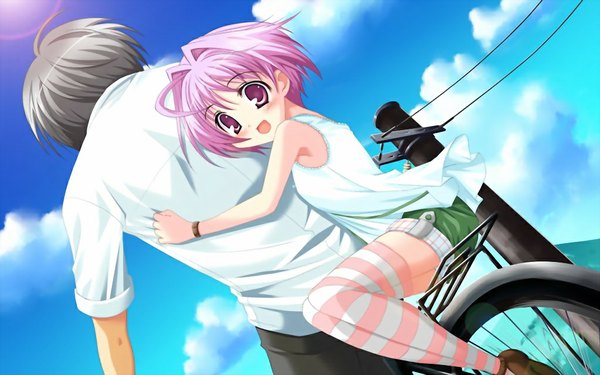 Anime picture 1024x640 with doinaka channel 5 nitta keisuke sasano kimiko short hair open mouth wide image pink hair game cg pink eyes loli girl thighhighs