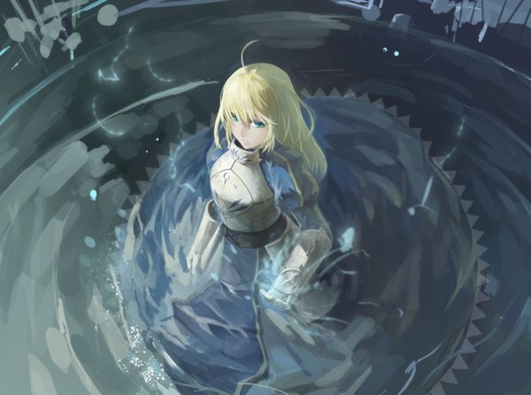 Anime picture 5262x3915 with fate (series) fate/stay night studio deen type-moon artoria pendragon (all) saber azomo single long hair highres blonde hair green eyes looking away absurdres ahoge long sleeves puffy sleeves hair down girl dress
