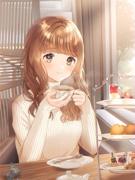 Anime picture 768x1024 with original konpeito1025 single long hair tall image looking at viewer blush fringe smile brown hair sitting brown eyes indoors blunt bangs wavy hair girl food sweets turtleneck coffee