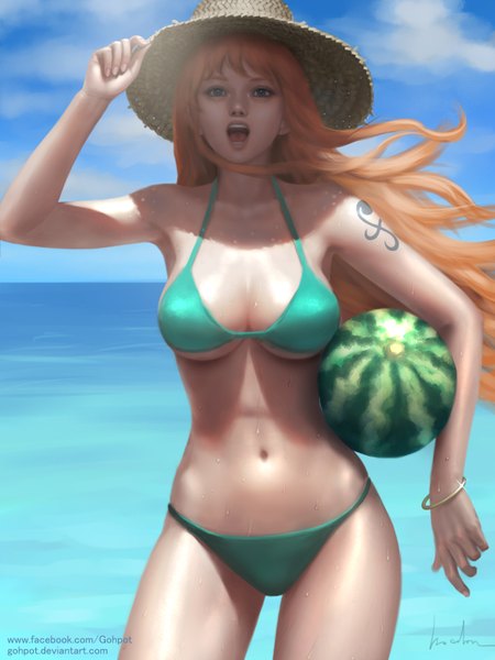 Anime picture 1200x1600 with one piece toei animation nami (one piece) gohpot single long hair tall image breasts open mouth light erotic large breasts green eyes signed looking away sky cloud (clouds) wind orange hair realistic shadow