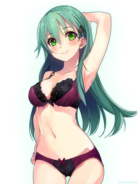 Anime picture 600x800 with kantai collection suzuya heavy cruiser shirokitsune single long hair tall image looking at viewer blush fringe breasts light erotic smile hair between eyes standing bare shoulders green eyes upper body arm up green hair armpit (armpits)