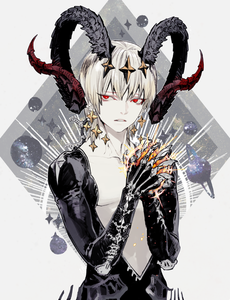Anime picture 700x913 with original oollnoxlloo single long hair tall image blonde hair red eyes looking away horn (horns) grey background pale skin center opening demon white skin demon boy boy star (symbol) bodysuit planet claws
