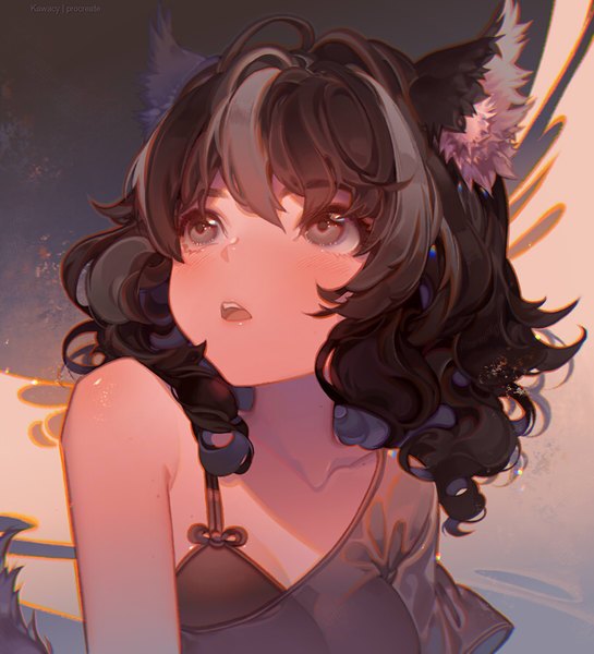 Anime picture 817x900 with original kawacy single long hair tall image blush fringe open mouth black hair hair between eyes bare shoulders signed animal ears payot upper body ahoge tail animal tail multicolored hair grey hair