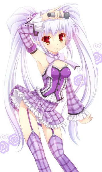 Anime picture 600x1010 with magical halloween frost auslese hinata momo single long hair tall image looking at viewer red eyes white background twintails white hair girl thighhighs dress detached sleeves frills microphone