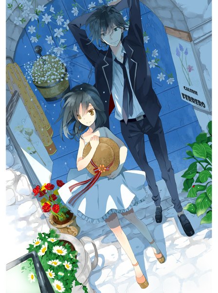 Anime picture 1000x1337 with coccinellidae hash (artist) long hair tall image short hair black hair standing holding brown eyes green eyes wind sunlight couple arms behind head girl dress boy uniform flower (flowers) ribbon (ribbons)