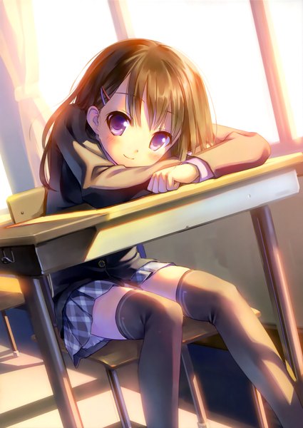 Anime picture 2702x3816 with original takoyaki (roast) long hair tall image blush highres black hair sitting purple eyes scan girl thighhighs skirt uniform black thighhighs school uniform miniskirt desk