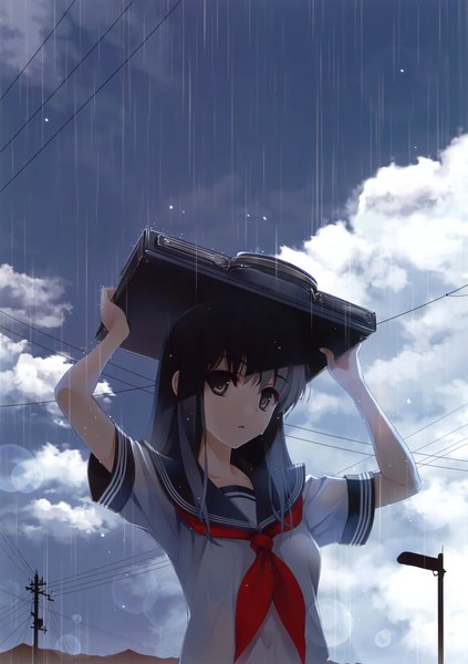 Anime picture 3243x4599 with original misaki kurehito single long hair tall image fringe highres black hair brown eyes absurdres cloud (clouds) rain girl uniform school uniform serafuku school bag