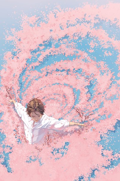 Anime picture 1051x1576 with original re (artist) single tall image short hair brown hair eyes closed from above partially submerged cherry blossoms spread arms boy flower (flowers) shirt petals water white shirt branch
