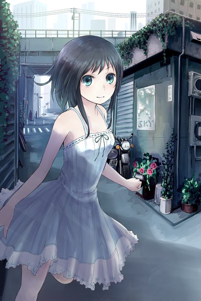 Anime picture 1500x2250 with original minato (shouno) single tall image short hair blue eyes black hair bare shoulders girl plant (plants) sundress motorcycle
