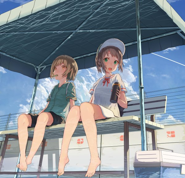 Anime picture 1257x1212 with original cjl6y5r looking at viewer blush fringe short hair open mouth brown hair sitting multiple girls holding green eyes payot looking away sky cloud (clouds) full body ponytail barefoot arm support