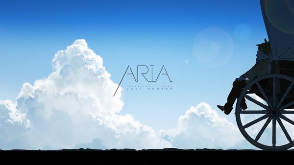 Anime picture 1920x1080 with original rella single highres short hair black hair wide image sitting looking away sky cloud (clouds) full body outdoors text lens flare boy scarf cart