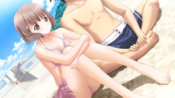 Anime picture 1280x720 with hatsukoi sacrament kasugai iroha short hair light erotic brown hair wide image brown eyes game cg beach girl swimsuit bikini