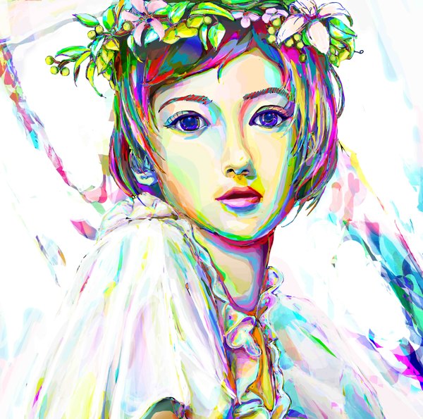 Anime picture 3000x2976 with original miyano kensuke single looking at viewer highres short hair multicolored hair lips lipstick multicolored eyes multicolored girl flower (flowers) wreath