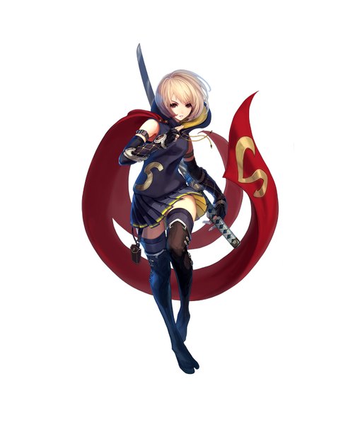 Anime picture 1500x1828 with akai katana sumire asaka tachikawa mushimaro (bimo) single tall image short hair blonde hair white background brown eyes traditional clothes girl thighhighs gloves weapon black thighhighs sword elbow gloves katana hood cloak