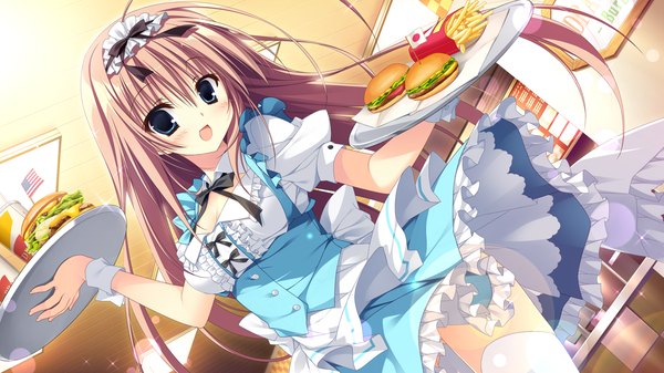 Anime picture 1280x720 with majo koi nikki nanno alice inugami kira single long hair looking at viewer blush open mouth blue eyes smile brown hair wide image game cg maid girl thighhighs dress bow white thighhighs headdress