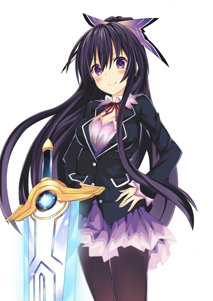 Anime picture 2149x3035 with date a live yatogami tooka aria (schwarza97rw0rd) single long hair tall image looking at viewer blush fringe highres breasts black hair simple background smile hair between eyes standing white background purple eyes cleavage ponytail