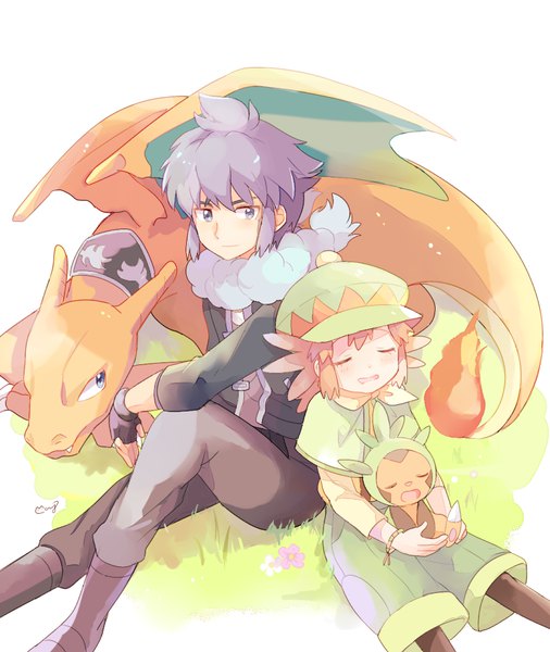 Anime picture 783x929 with pokemon pokemon xy nintendo charizard chespin alain (pokemon) manon (pokemon) mei (maysroom) tall image short hair brown hair sitting purple eyes signed payot looking away purple hair eyes closed sleeping gen 1 pokemon