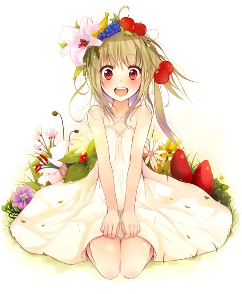 Anime picture 1400x1700 with original taicho128 single long hair tall image blush open mouth blonde hair red eyes girl hair ornament flower (flowers) food sundress fruit berry (berries) apple strawberry cherry grapes