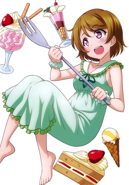 Anime picture 2133x3062 with love live! school idol project sunrise (studio) love live! koizumi hanayo inou shin single tall image blush highres short hair open mouth simple background brown hair white background purple eyes scan girl dress food sweets