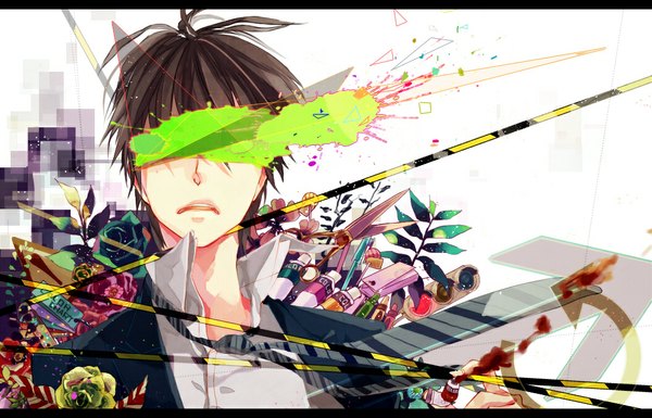 Anime picture 1053x676 with original masuoka single short hair open mouth brown hair covering eye (eyes) abstract boy flower (flowers) plant (plants) necktie food sweets rose (roses) candy lollipop scissors pencil paint