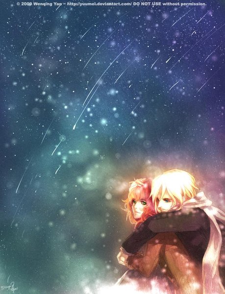 Anime picture 800x1046 with original yuumei tall image fringe blue eyes blonde hair smile hair between eyes green eyes signed payot looking away pink hair sky cloud (clouds) long sleeves parted lips looking back light smile night