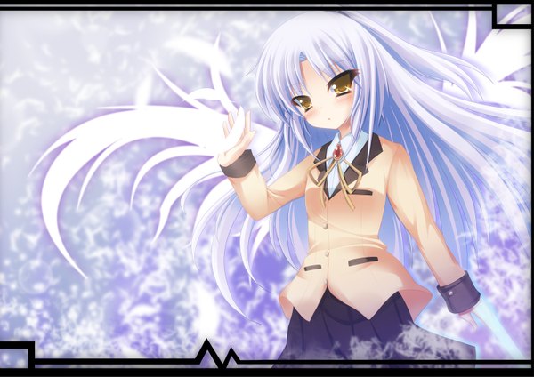 Anime picture 1500x1060 with angel beats! key (studio) tachibana kanade kabon single long hair looking at viewer yellow eyes white hair girl skirt uniform school uniform wings black skirt feather (feathers)