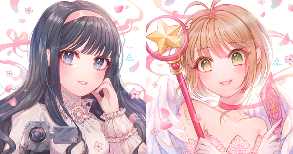 Anime picture 1200x631 with card captor sakura clamp kinomoto sakura daidouji tomoyo ozzingo long hair looking at viewer blush short hair blue eyes black hair smile brown hair wide image white background multiple girls green eyes sparkle multiview angel wings