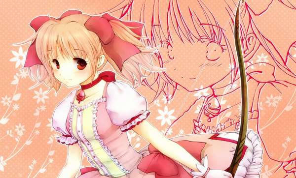 Anime picture 1024x618 with mahou shoujo madoka magica shaft (studio) kaname madoka semimaru (artist) short hair blonde hair red eyes wide image twintails loli short twintails zoom layer girl dress bow hair bow bow (weapon)