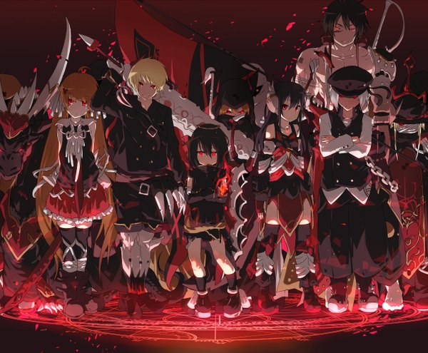 Anime picture 1212x1000 with original ogipote long hair looking at viewer short hair black hair blonde hair smile red eyes standing multiple girls grey hair orange hair magic glowing group crossed arms hands behind back glowing eye (eyes) smirk