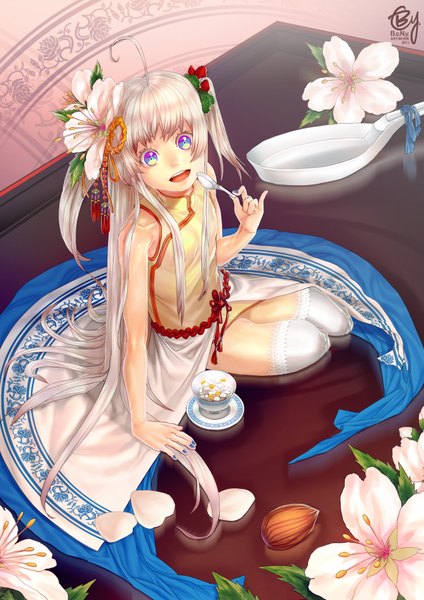 Anime picture 1200x1697 with original b.c.n.y. (bcnyart) long hair tall image open mouth white hair nail polish hair flower multicolored eyes girl thighhighs dress hair ornament flower (flowers) white thighhighs spoon