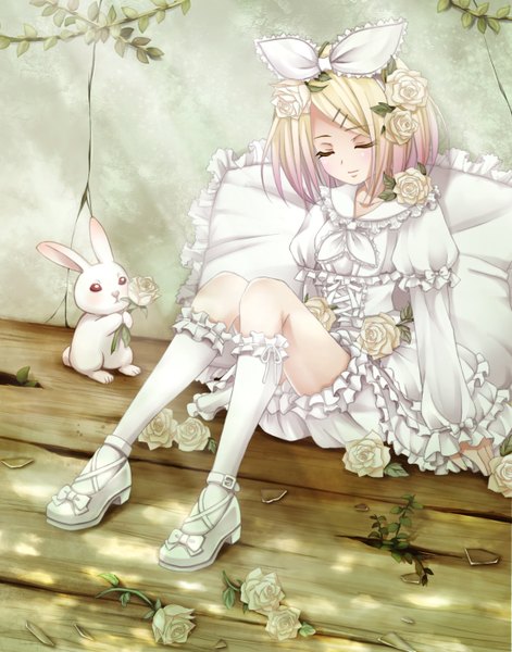 Anime picture 1100x1400 with vocaloid kagamine rin mimi (tetoru09) single tall image short hair blonde hair animal ears eyes closed hair flower bunny ears girl dress hair ornament flower (flowers) bow hair bow petals socks frills