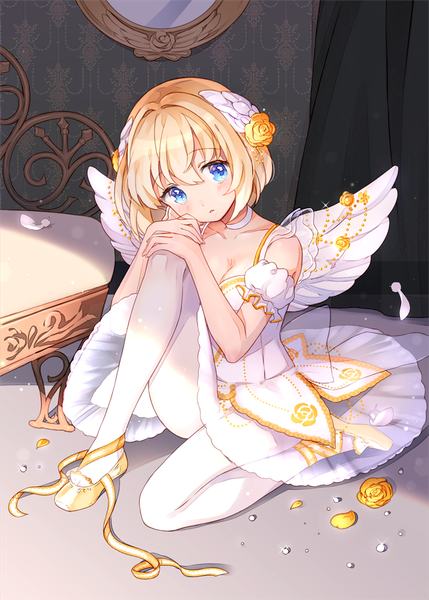Anime picture 1000x1399 with original jitter single tall image blush short hair open mouth blue eyes blonde hair sitting bare shoulders looking away cleavage full body bent knee (knees) hair flower :o shadow puffy sleeves thighs