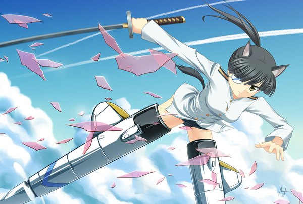 Anime picture 1000x675 with strike witches sakamoto mio athrun1120 single long hair looking at viewer black hair brown eyes signed animal ears sky cloud (clouds) ponytail animal tail flying girl weapon shirt sword katana