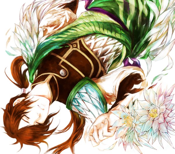 Anime picture 2875x2531 with shin sangoku musou zhong hui c (artist) single long hair highres brown hair ponytail lying eyes closed on back upside down boy flower (flowers) petals armor