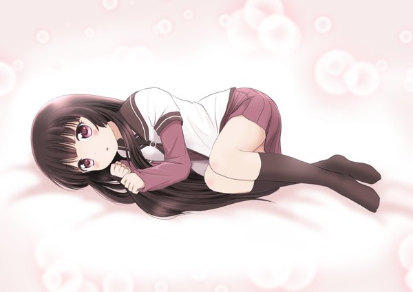 Anime picture 2048x1448 with yuru yuri doga kobo matsumoto rise shimazaki kazumi (artist) single long hair blush highres black hair red eyes girl uniform school uniform socks black socks