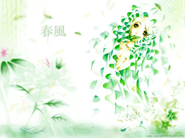 Anime picture 1024x768 with hayasida kumiko single blonde hair yellow eyes wallpaper hieroglyph girl plant (plants) leaf (leaves) jewelry