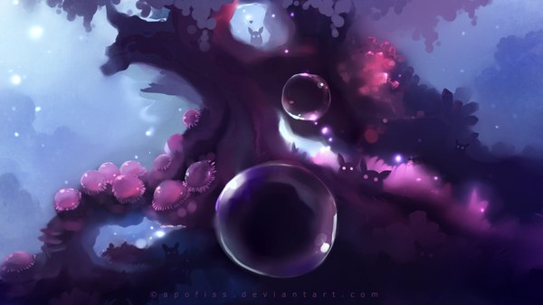 Anime picture 1920x1080 with original apofiss highres wide image wallpaper eyes plant (plants) animal tree (trees) heart bubble (bubbles) forest