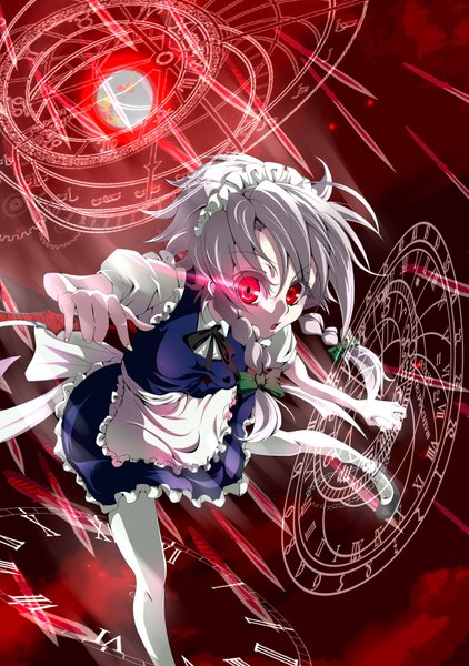 Anime picture 2458x3496 with touhou izayoi sakuya kisaichi jin single tall image highres short hair red eyes braid (braids) grey hair maid twin braids magic glowing glowing eye (eyes) girl headdress maid headdress knife magic circle